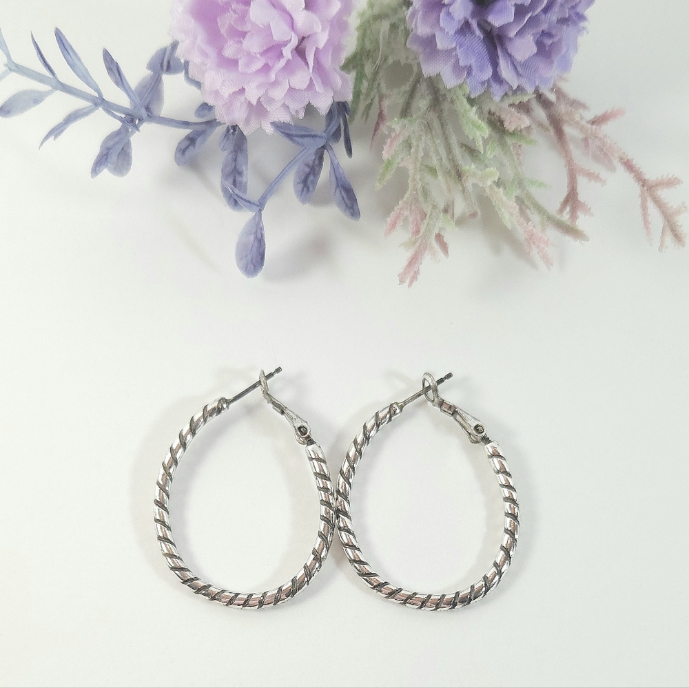 Silver Tone Striped Oval Hoop Earrings